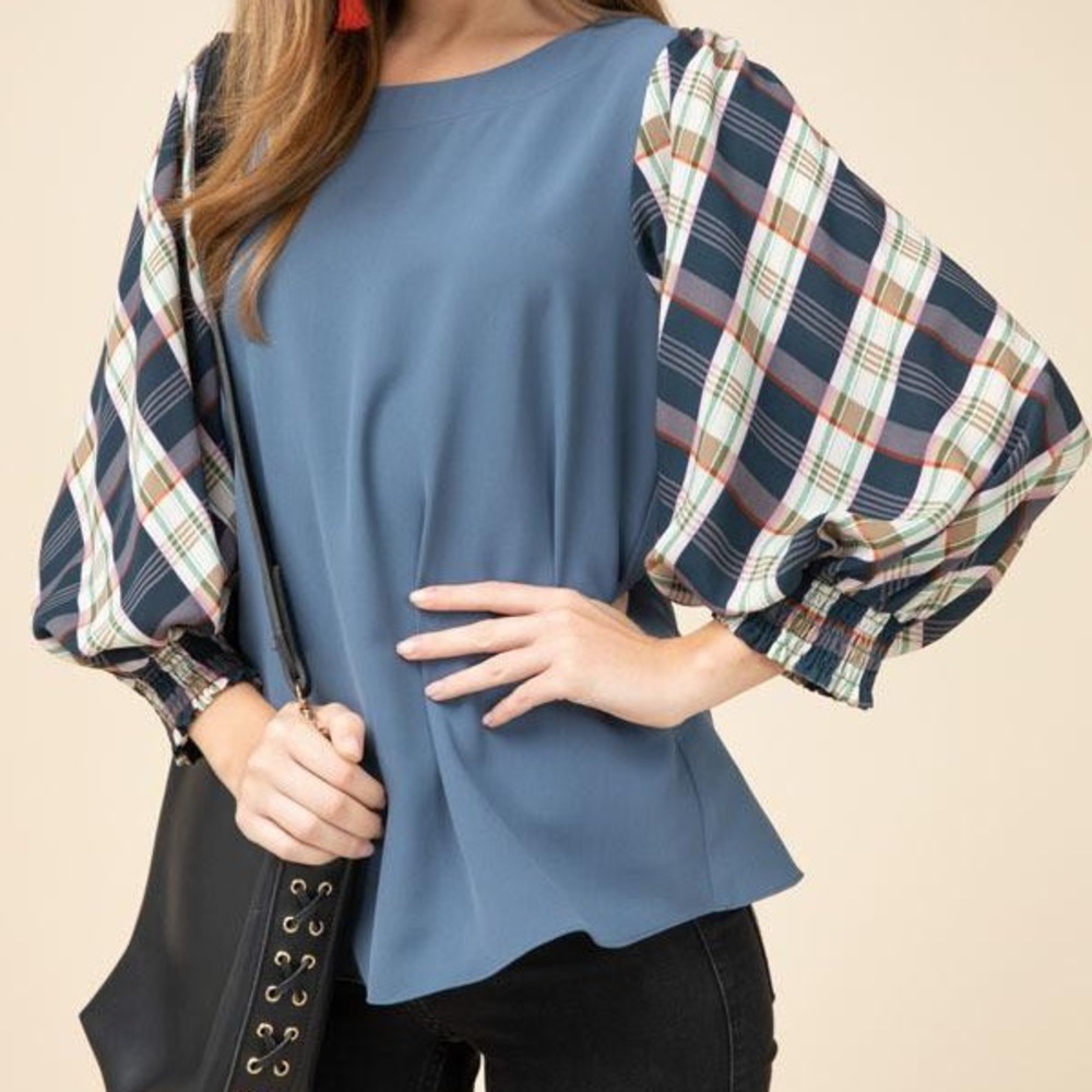 Blue Plaid Long Sleeve Entro Top - Picture 3 of 5